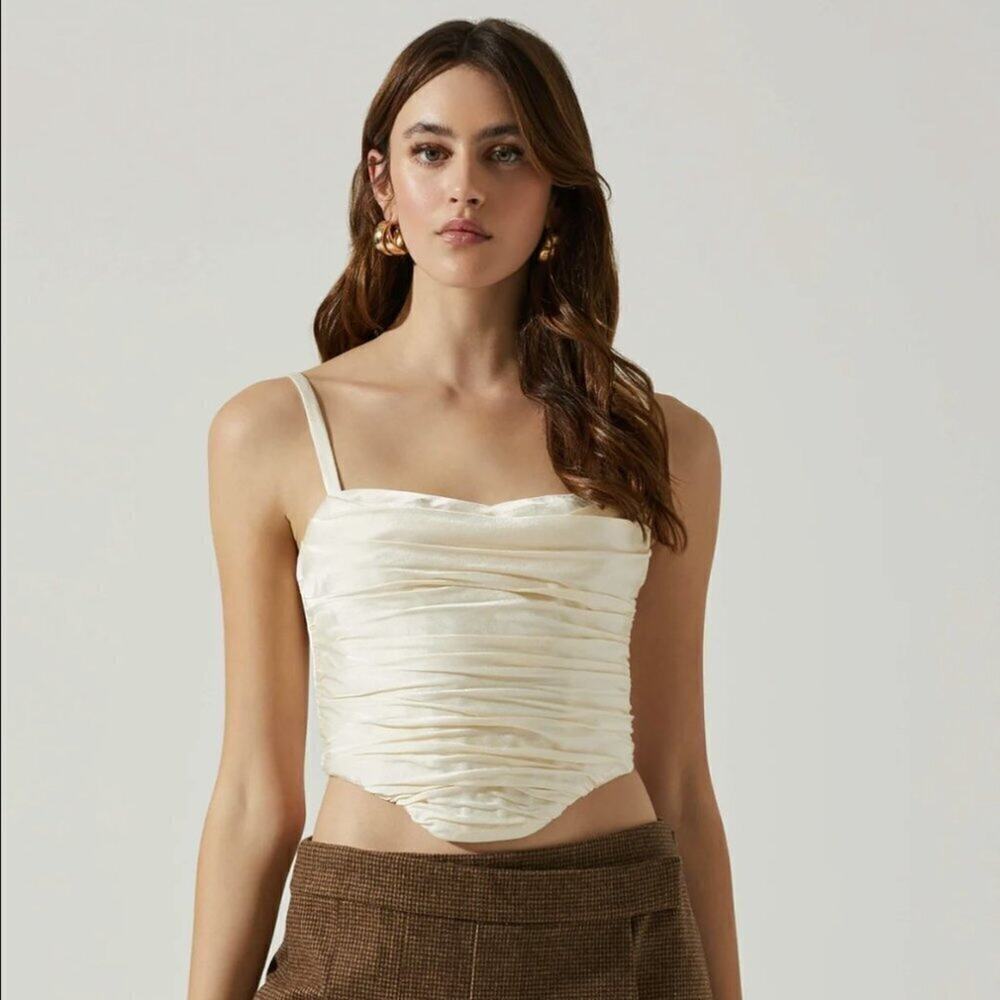 ASTR The Label Elegant Ruched Bustier Satin Crop Corset Top Cream Champagne XS